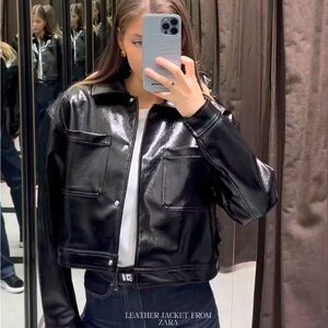 Zara Faux Leather Jacket Black Women’s Size L Crop Classic